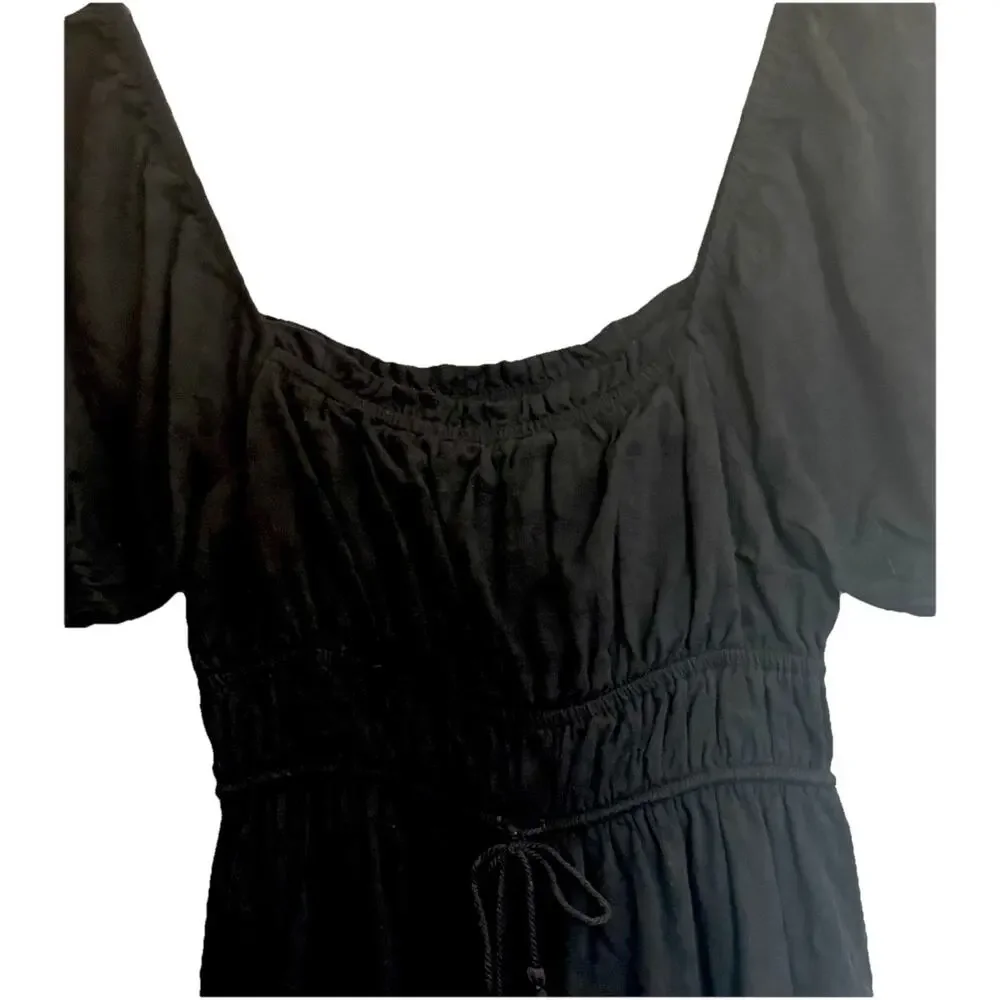 Lulu’s Black Textured Puff Sleeve Mini Dress Sz Med Prairie Milkmaid Bohemian
